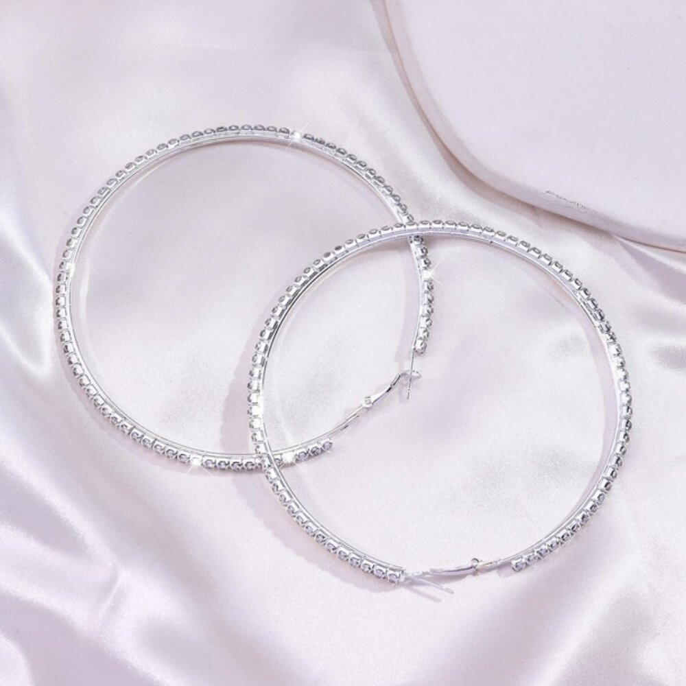 3" Large 925 Sterling Silver Womens 2ct Diamond Hoop Earrings 3 in Hoops Jewelry - Picture 5 of 5